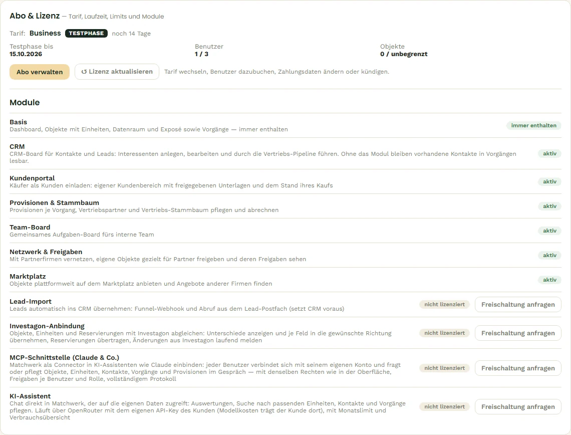 Tarif, Status, Testphase und Nutzung