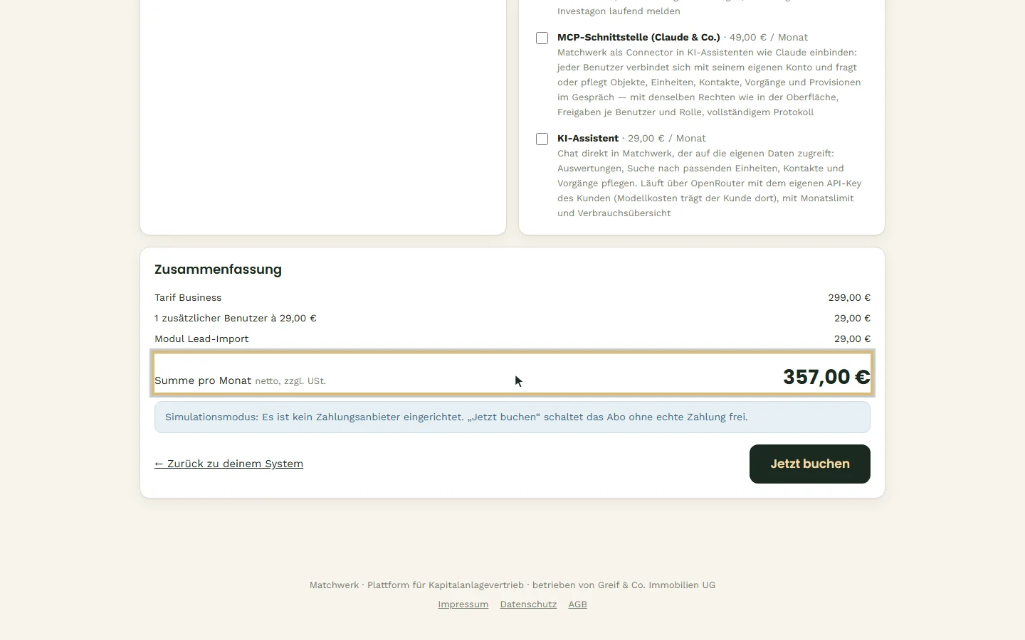 Ein Zusatzbenutzer und das Zusatzmodul Lead-Import — Summe pro Monat