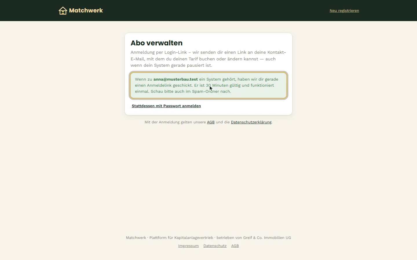 Anmeldelink angefordert