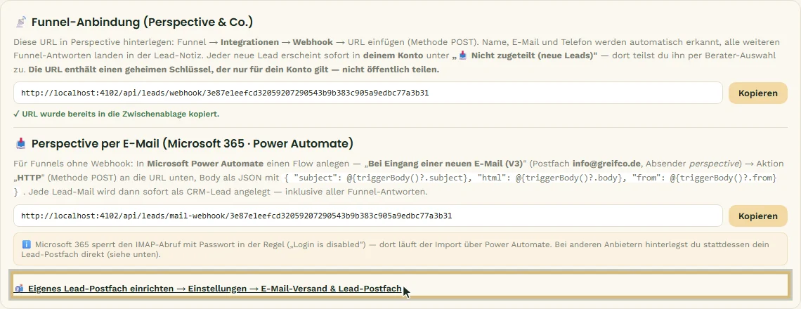 Verweis auf das eigene Lead-Postfach in der Funnel-Anbindung