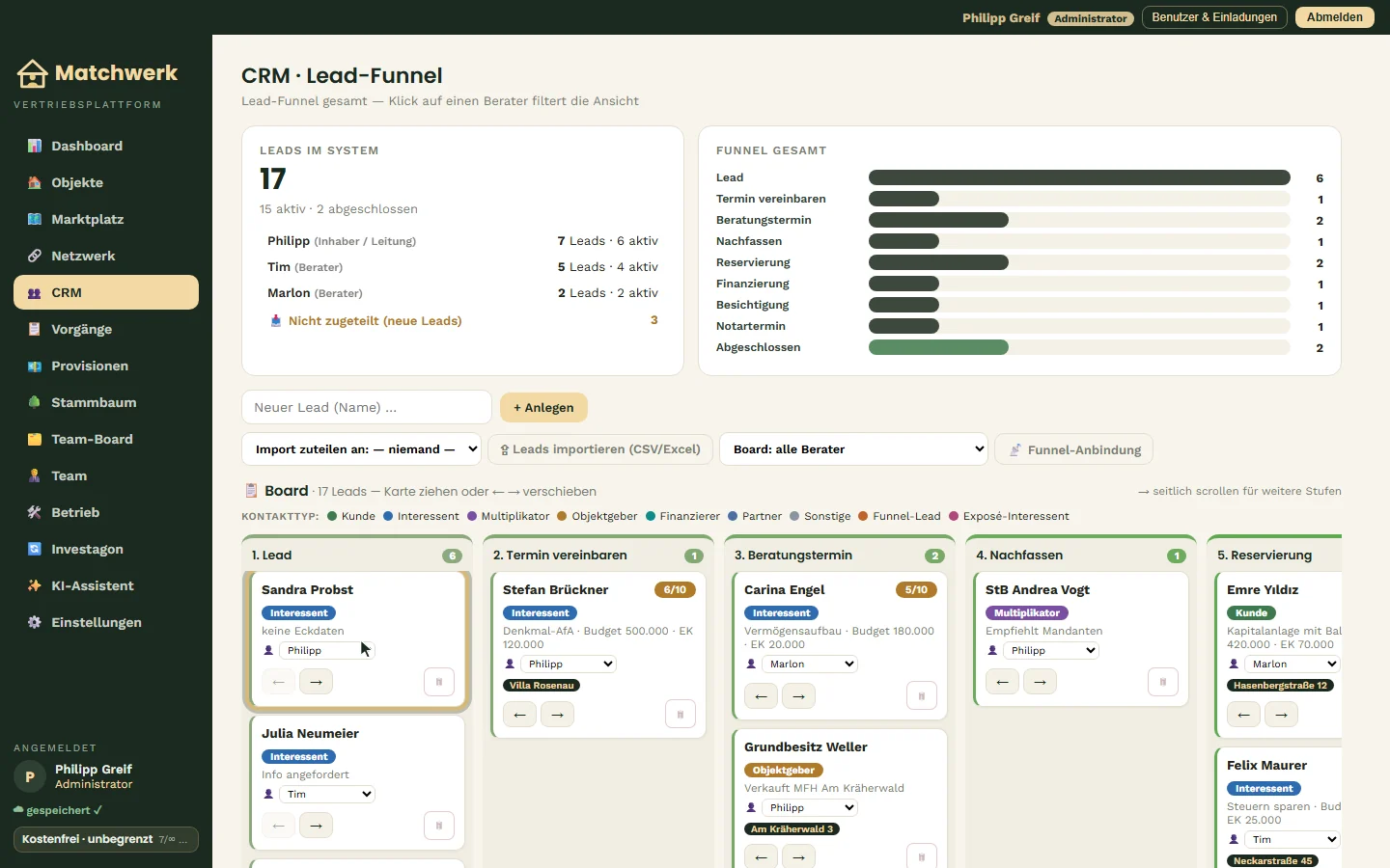 Der neue Kontakt erscheint in der Spalte „Lead