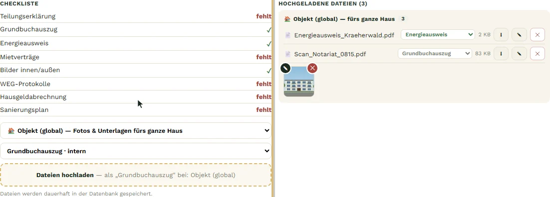 Nach dem Upload: Energieausweis und Grundbuchauszug sind abgehakt
