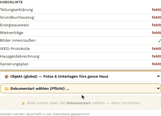 Ohne Dokumentart ist das Upload-Feld gesperrt