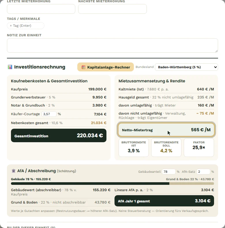 Investitionsrechnung der Talstraße 8, WE 01 (mit 3,57 % Käufer-Courtage)