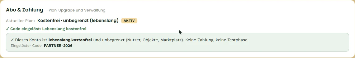 Code eingelöst — das Konto ist jetzt lebenslang kostenfrei