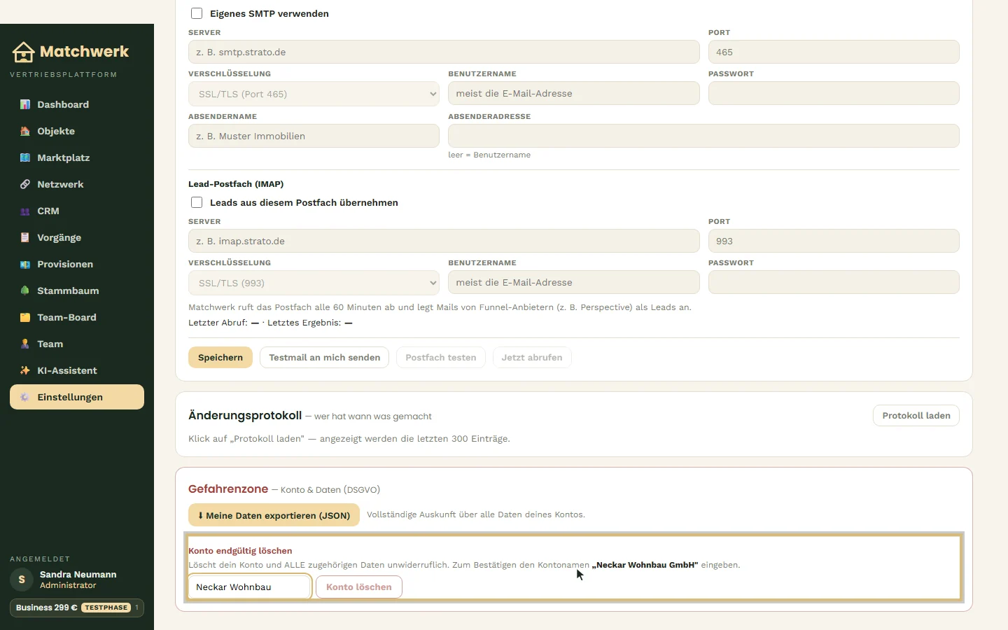Konto löschen — nur mit exaktem Kontonamen
