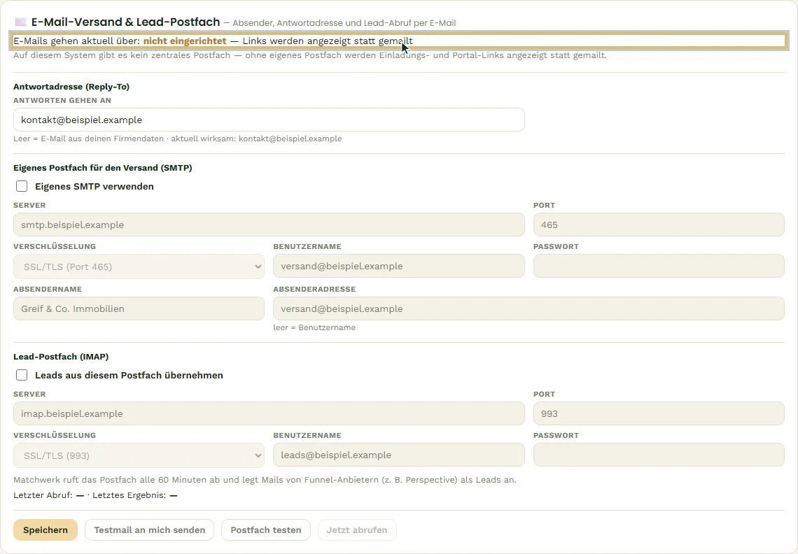 E-Mail-Versand & Lead-Postfach: Status, Antwortadresse, eigenes Postfach und Lead-Postfach