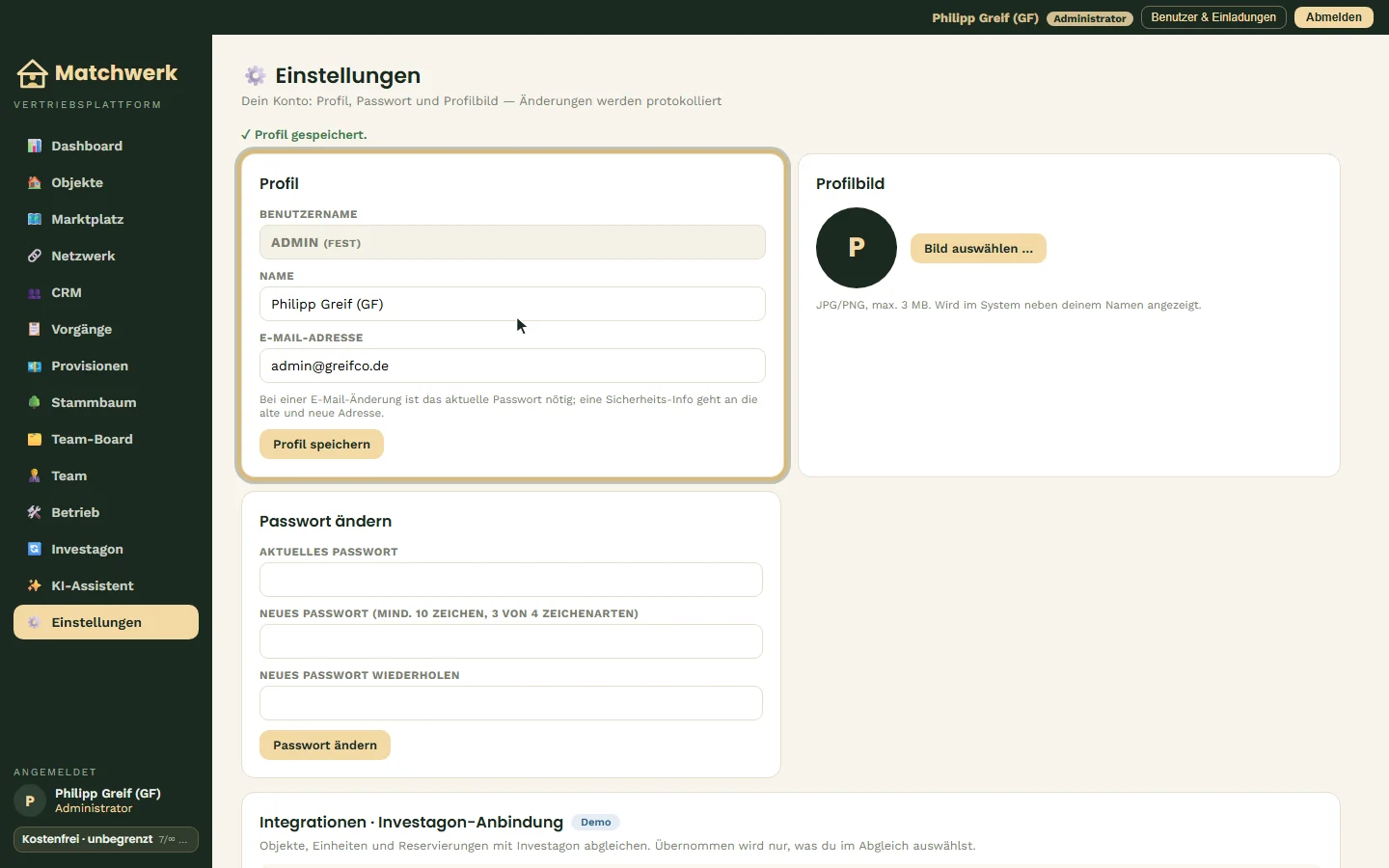 Profil gespeichert — der neue Name steht auch unten links