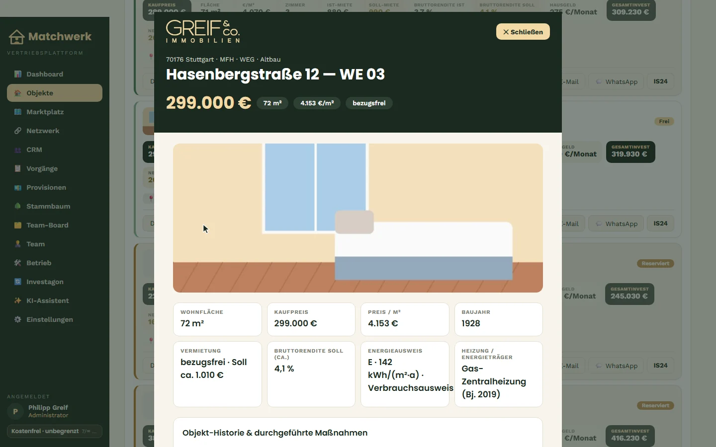 Kopf und Faktenkacheln des Exposés (Vorschau im ERP)
