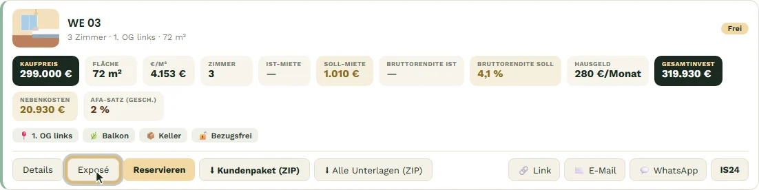 Die Einheiten-Karte mit dem Knopf „Exposé