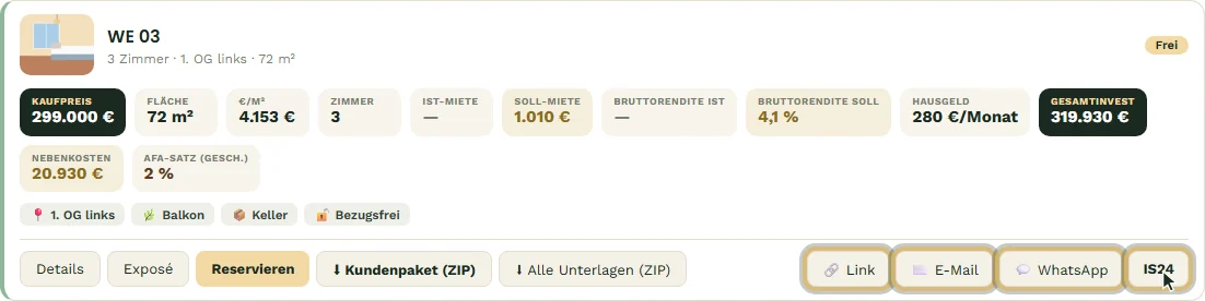 Die Teilen-Knöpfe an der Einheiten-Karte