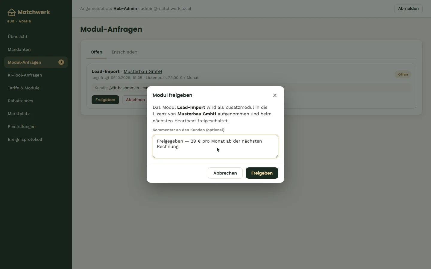 Freigabe mit Antwort an den Kunden