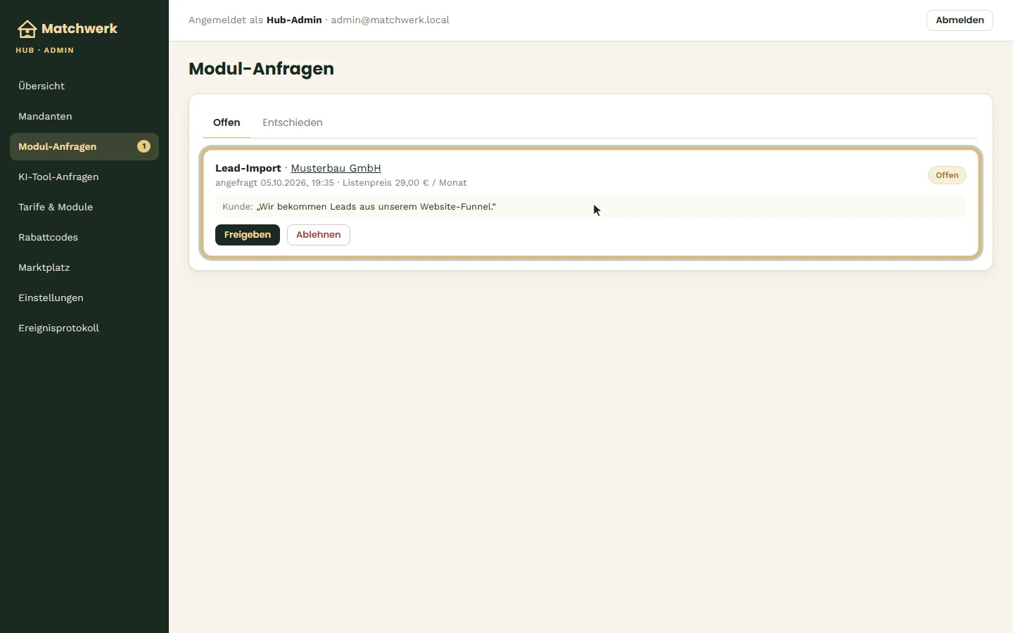 Offene Anfrage mit Kommentar des Kunden