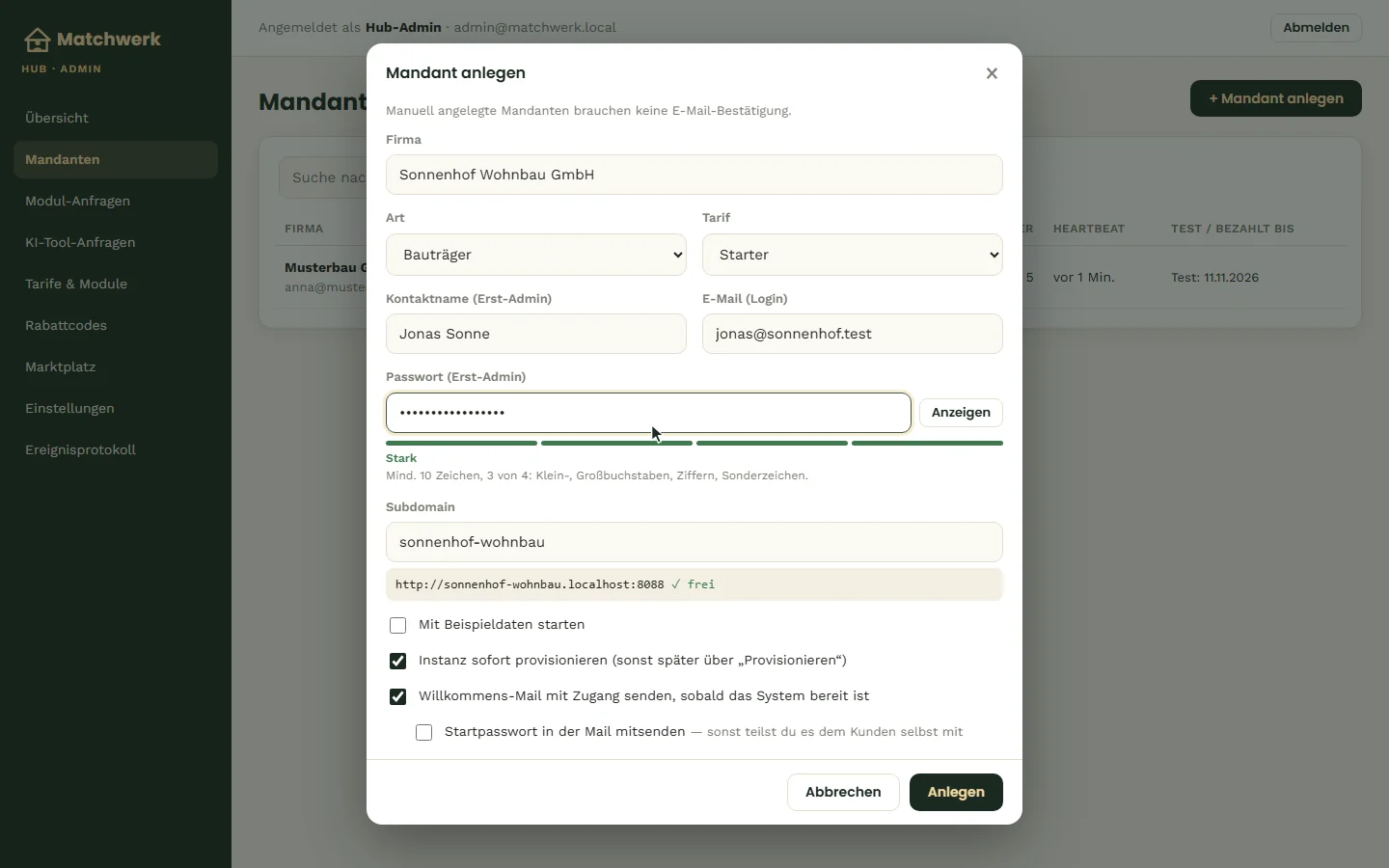 Mandant anlegen: Firma, Art, Tarif, Erst-Administrator, Subdomain