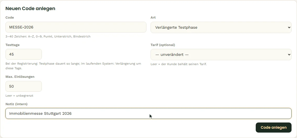 Neuer Code: 45 Tage Testphase für eine Messe
