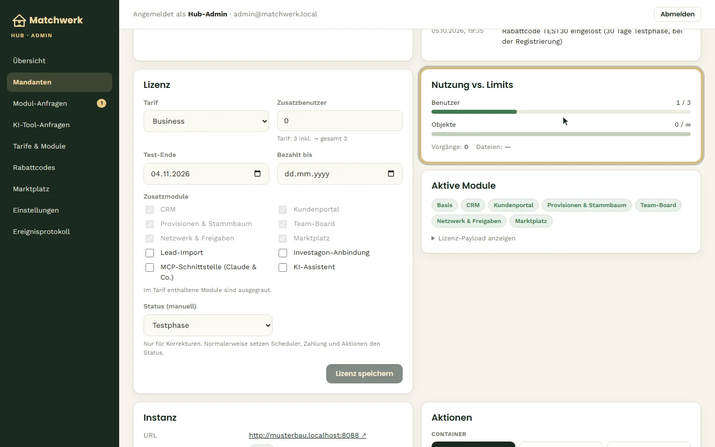 Lizenz, Nutzung vs. Limits und aktive Module