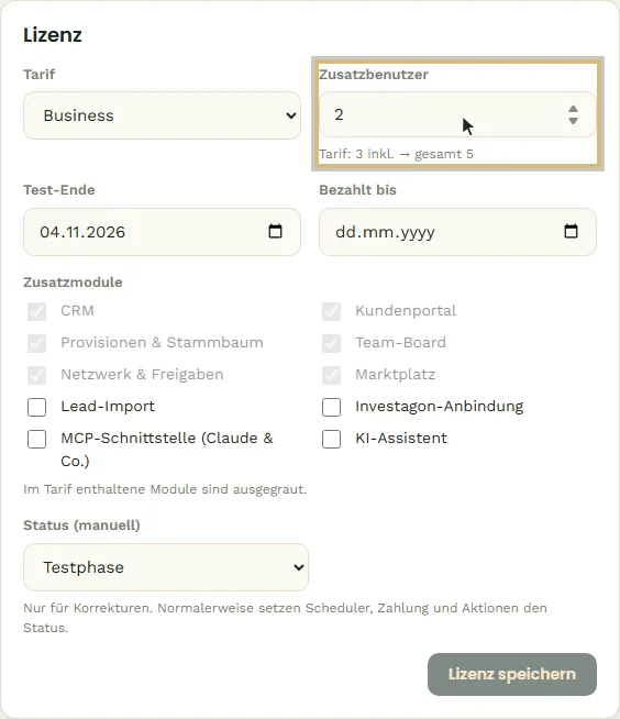 Zwei Zusatzbenutzer gespeichert — Gesamt-Limit 5