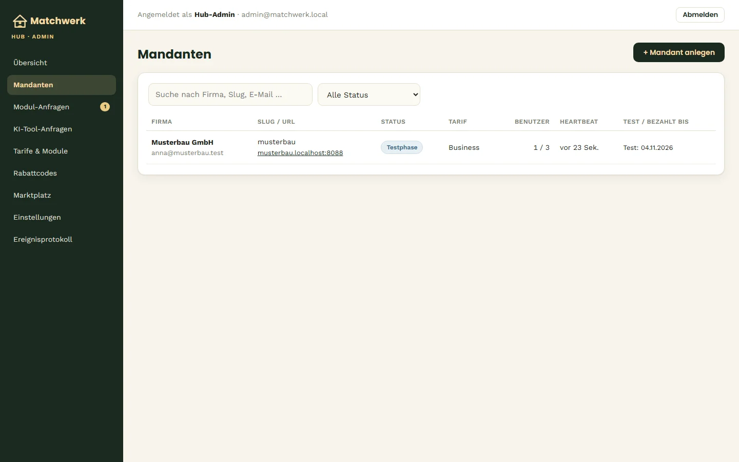 Alle Mandanten mit Status, Tarif, Nutzung und Heartbeat
