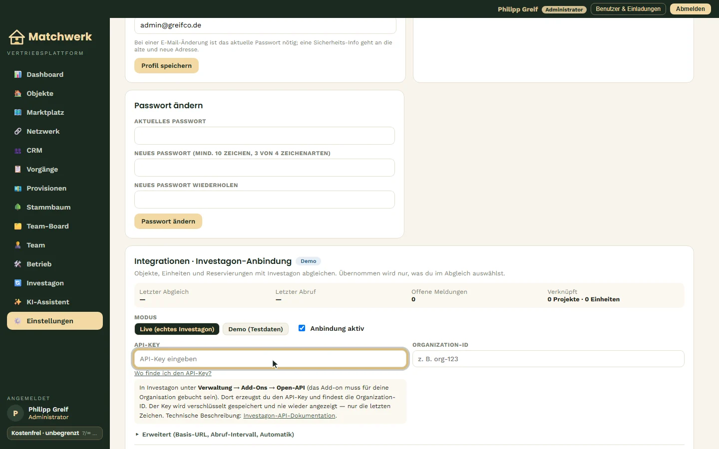 Live-Modus: API-Key, Organization-ID und die Hilfe „Wo finde ich den API-Key?