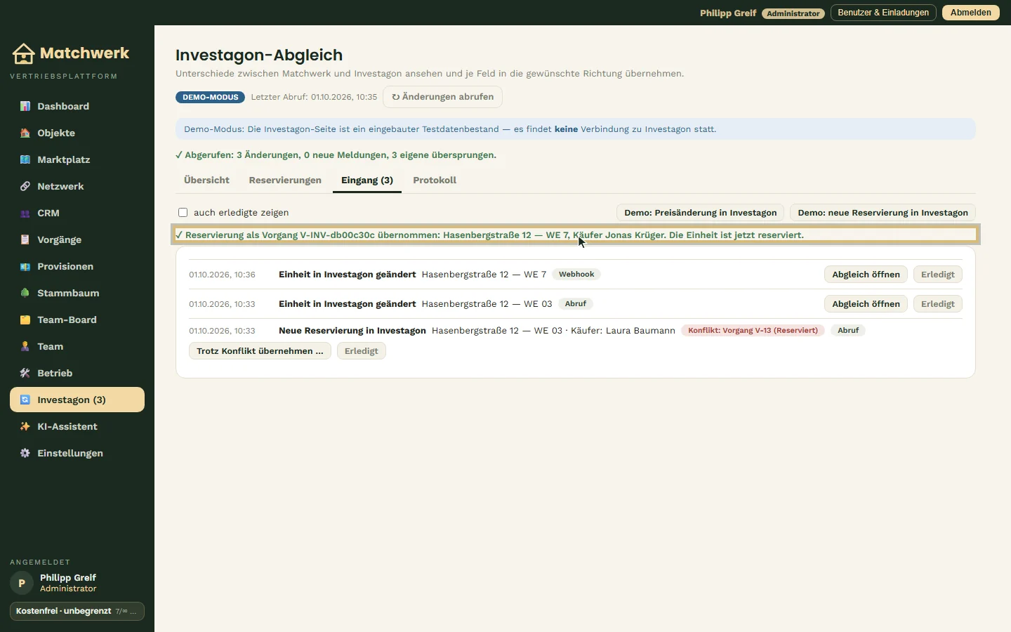 Neue Reservierung aus Investagon als Vorgang übernommen