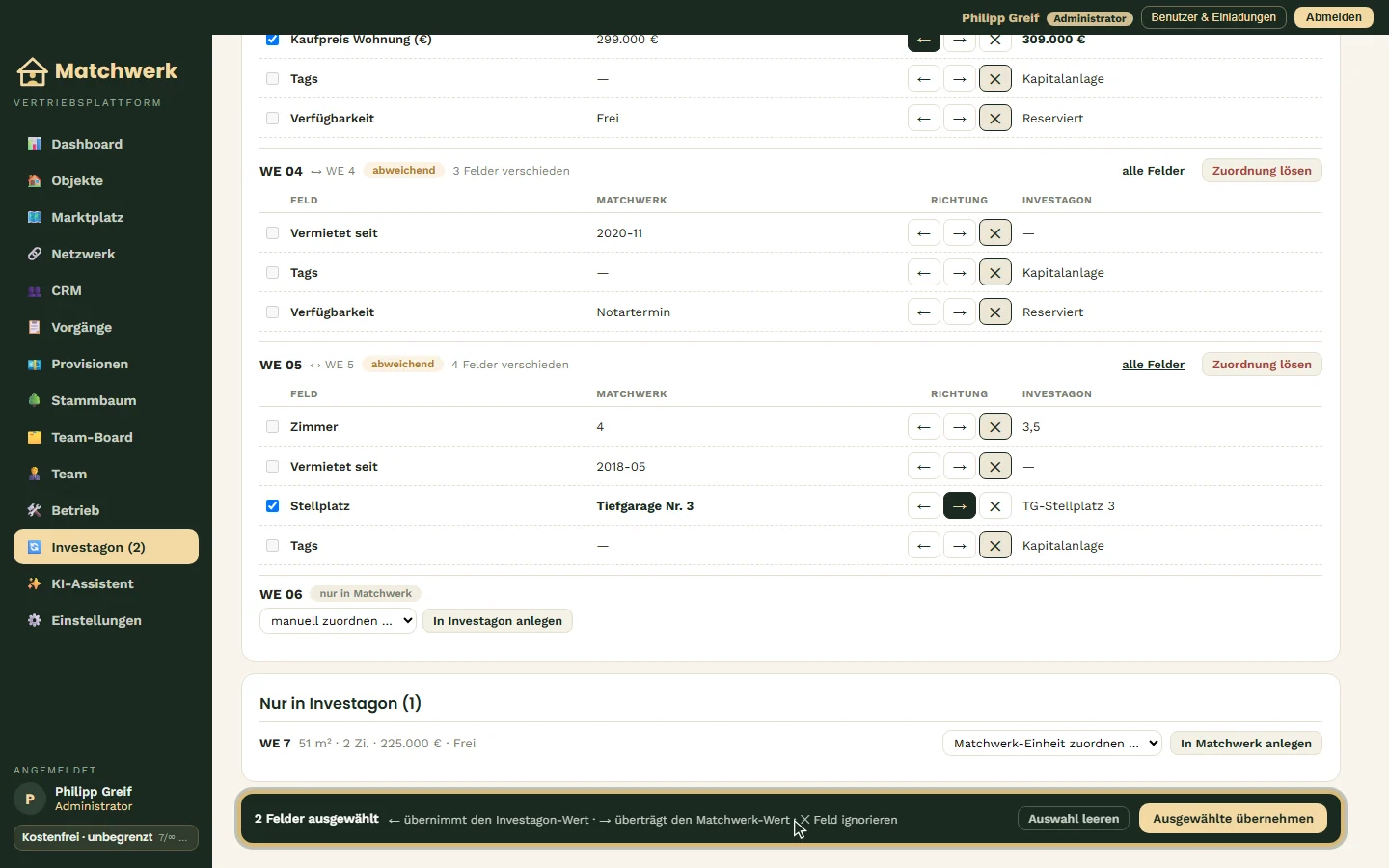Kaufpreis ← aus Investagon, Stellplatz → nach Investagon
