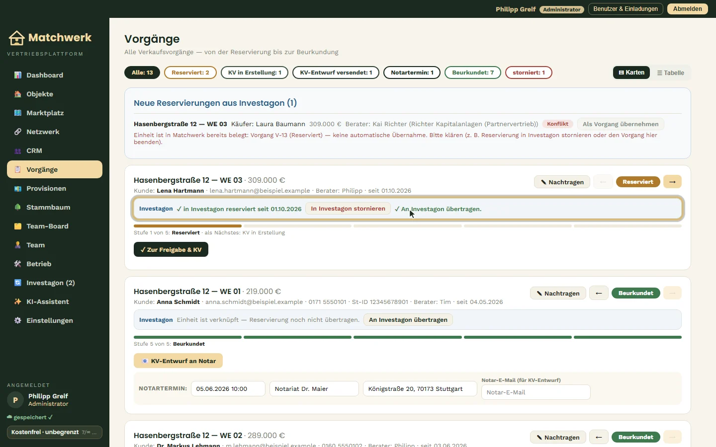 Reservierung an Investagon übertragen