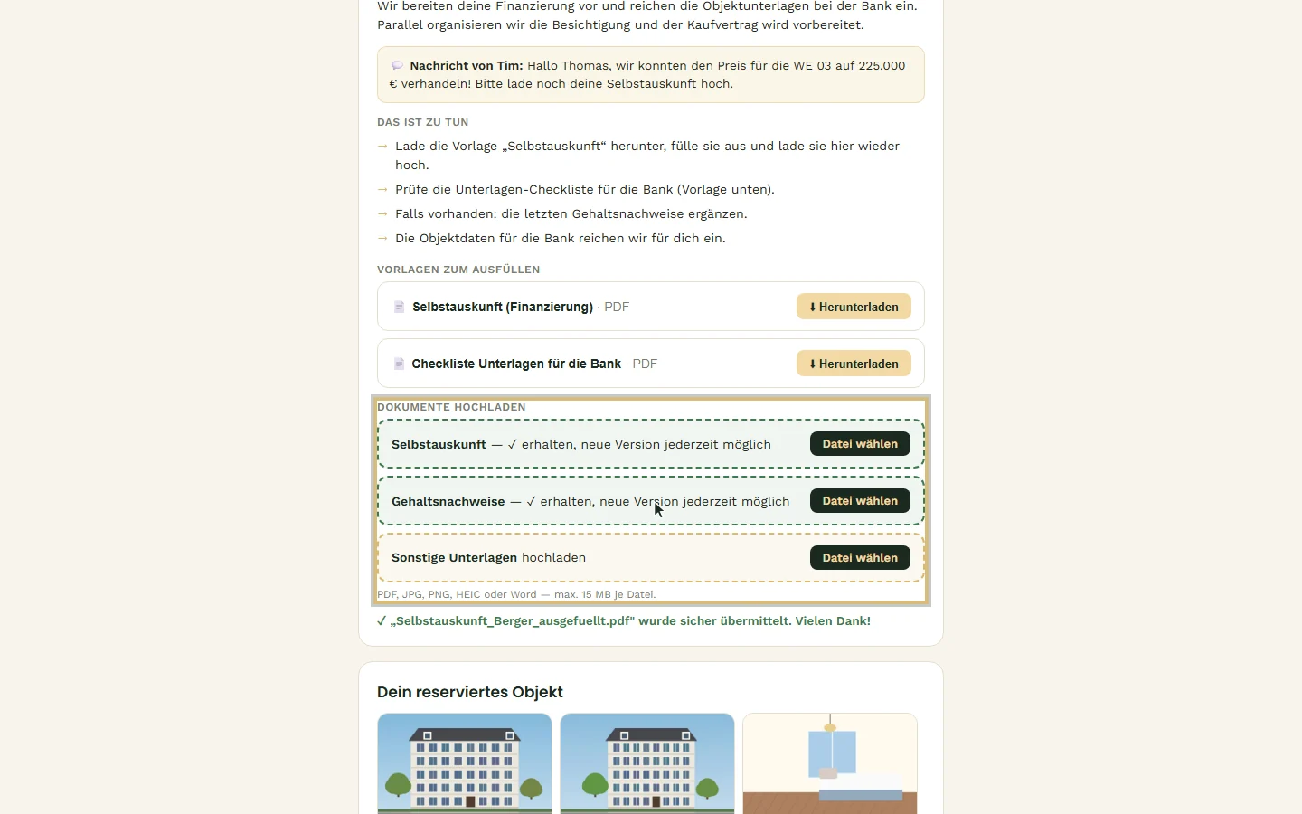 Die Selbstauskunft wurde übermittelt