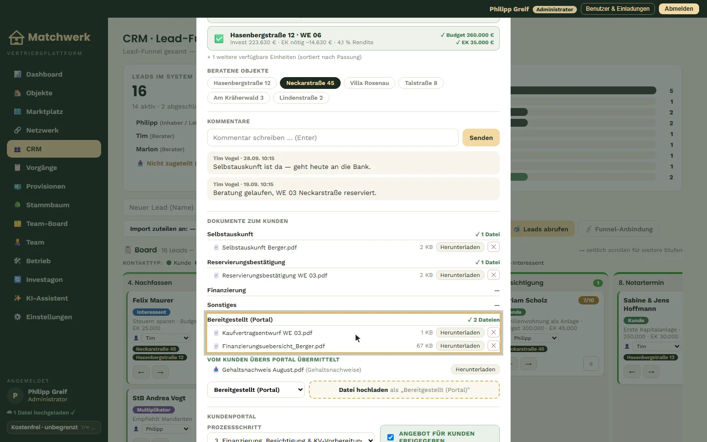 Eine Finanzierungsübersicht wird für das Portal bereitgestellt