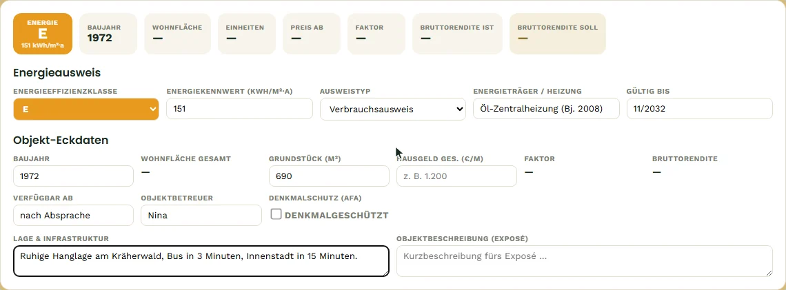 Energieausweis und Objekt-Eckdaten eines neuen Objekts