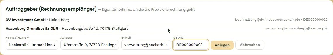 Neuen Rechnungsempfänger erfassen