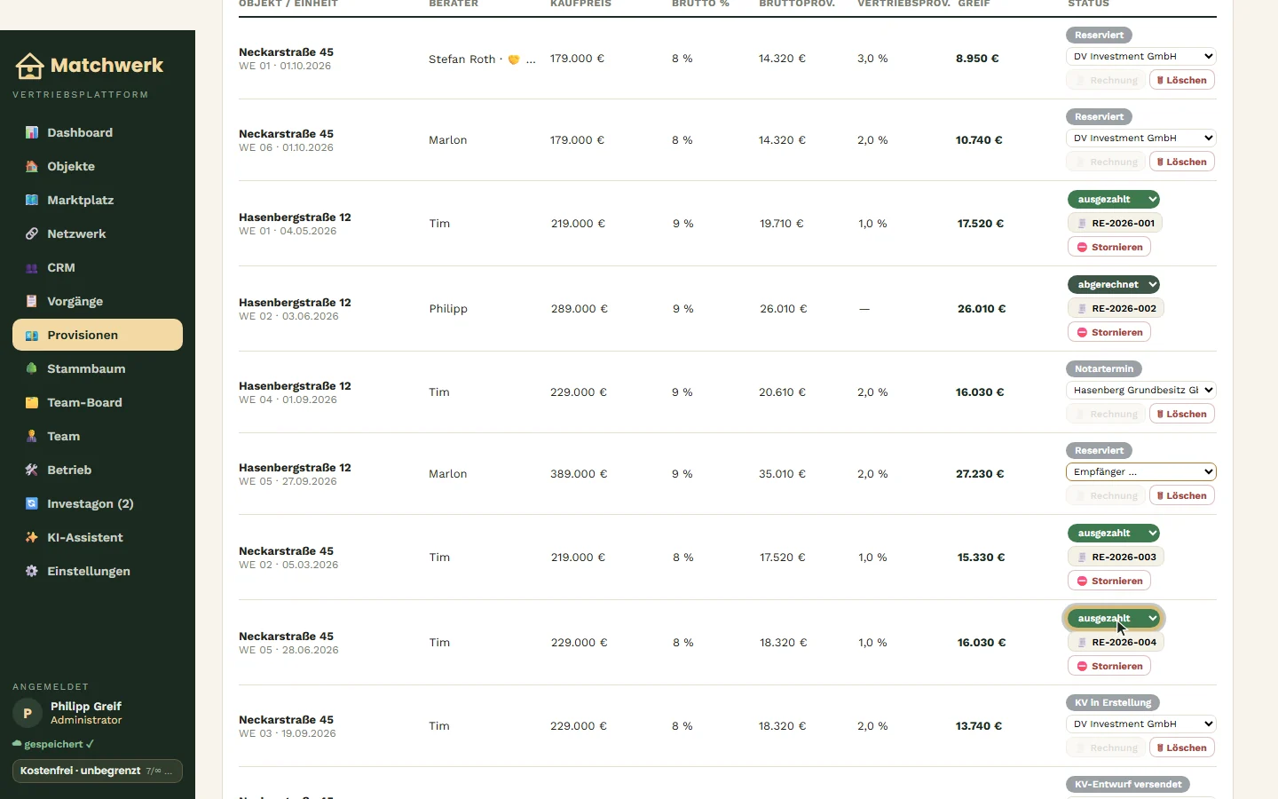 Status per Auswahl auf „ausgezahlt