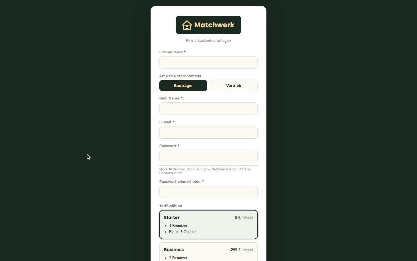 Das Registrierungsformular