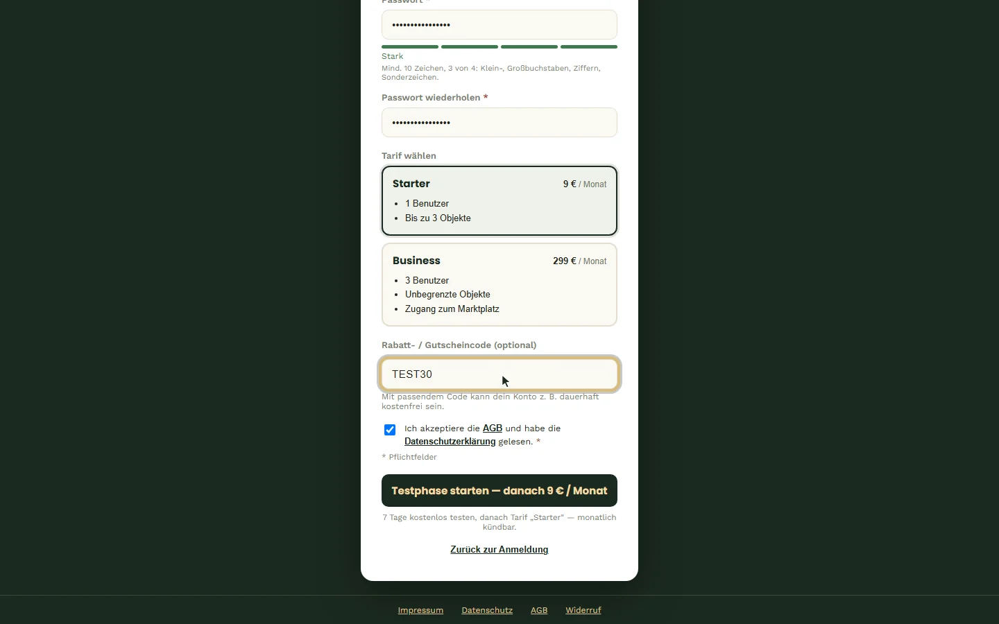 Ausgefülltes Formular mit Tarif Starter und Gutscheincode