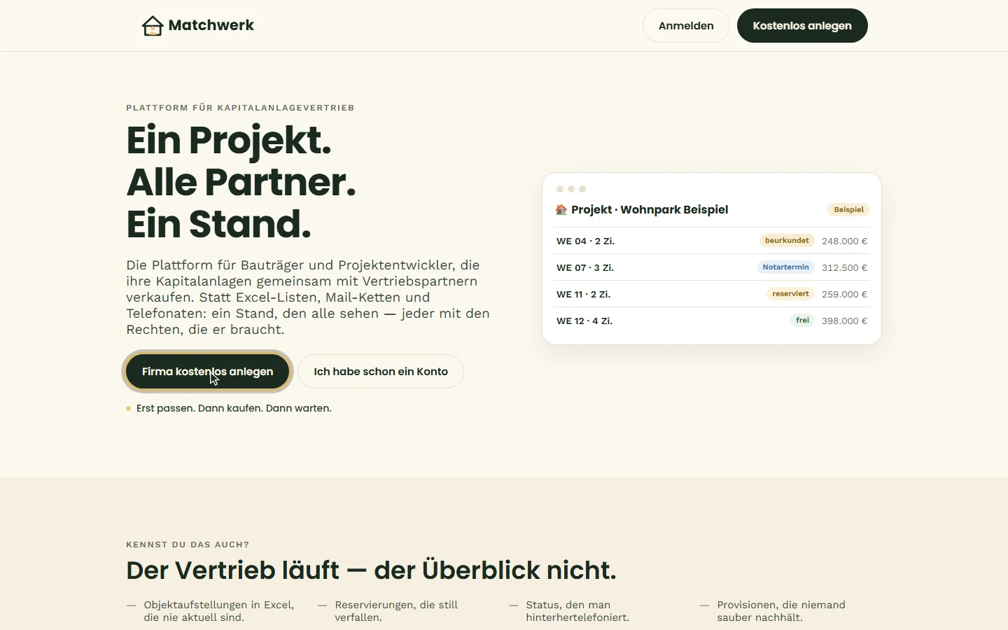 Startseite mit dem Knopf „Firma kostenlos anlegen
