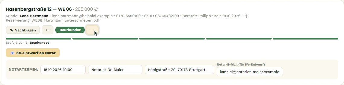 Vorgang in der Stufe „Beurkundet