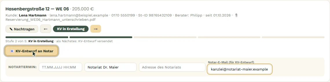KV in Erstellung: Notariats-E-Mail erfasst, Knopf „KV-Entwurf an Notar
