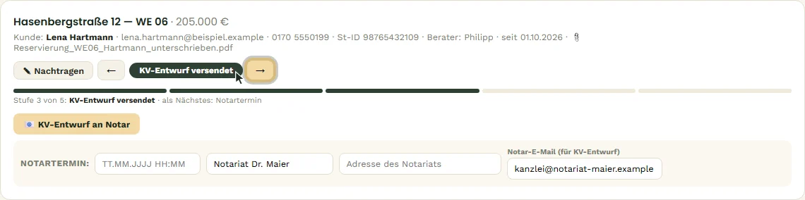 Vorgang WE 06 in der Stufe „KV-Entwurf versendet