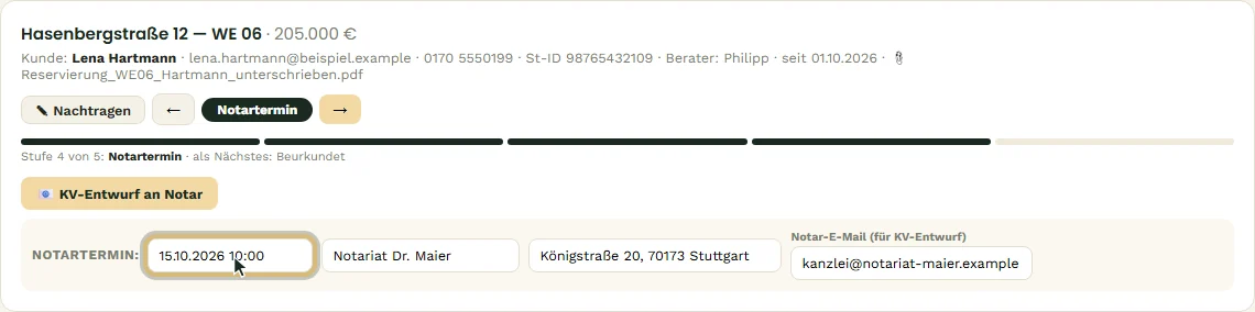 Notartermin eingetragen, Vorgang in der Stufe „Notartermin