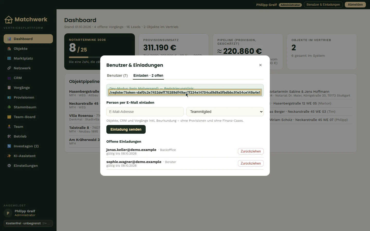 Der Registrierungslink ist im Dev-Modus direkt anklickbar