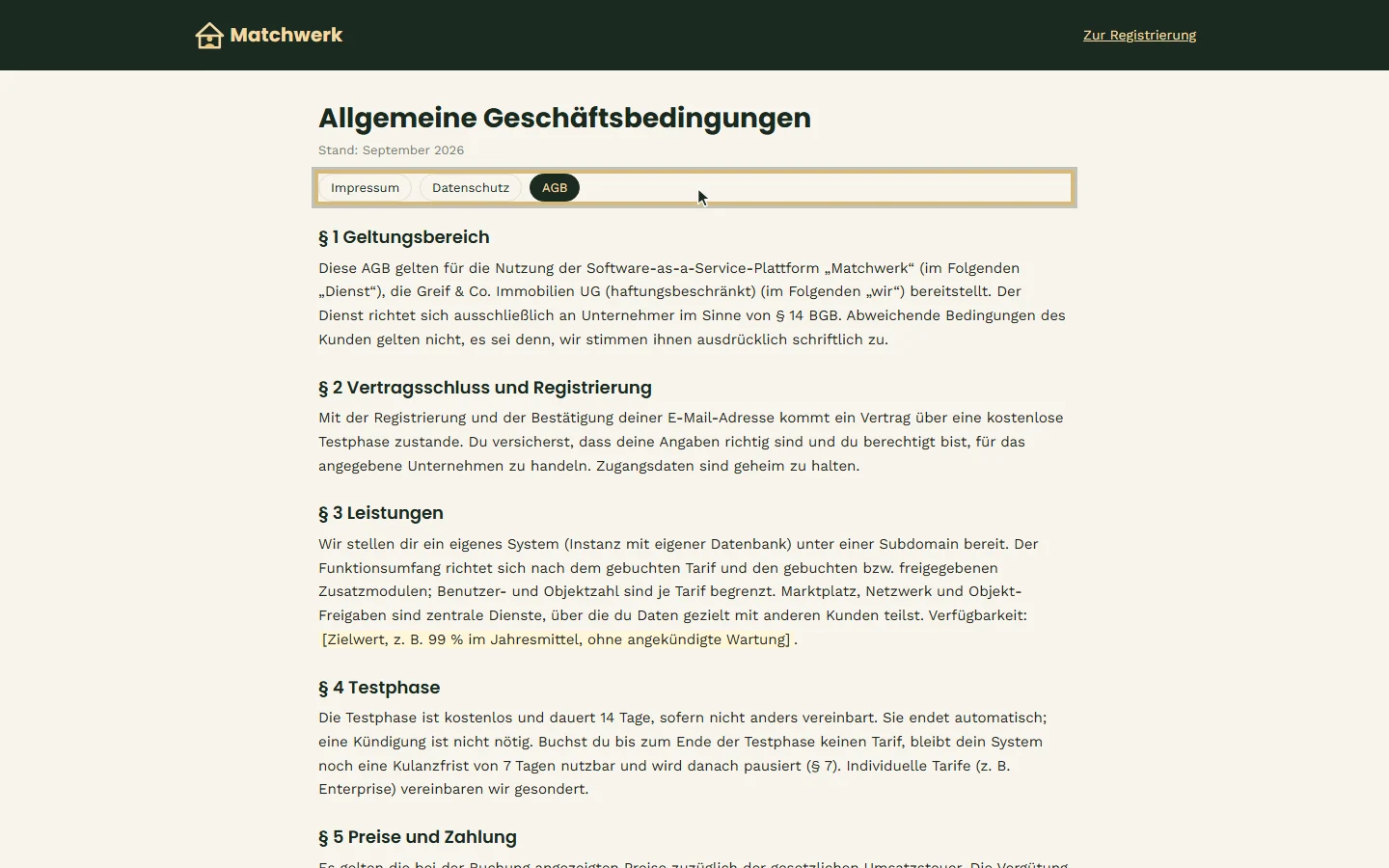 Die AGB mit Navigation zu Impressum und Datenschutz