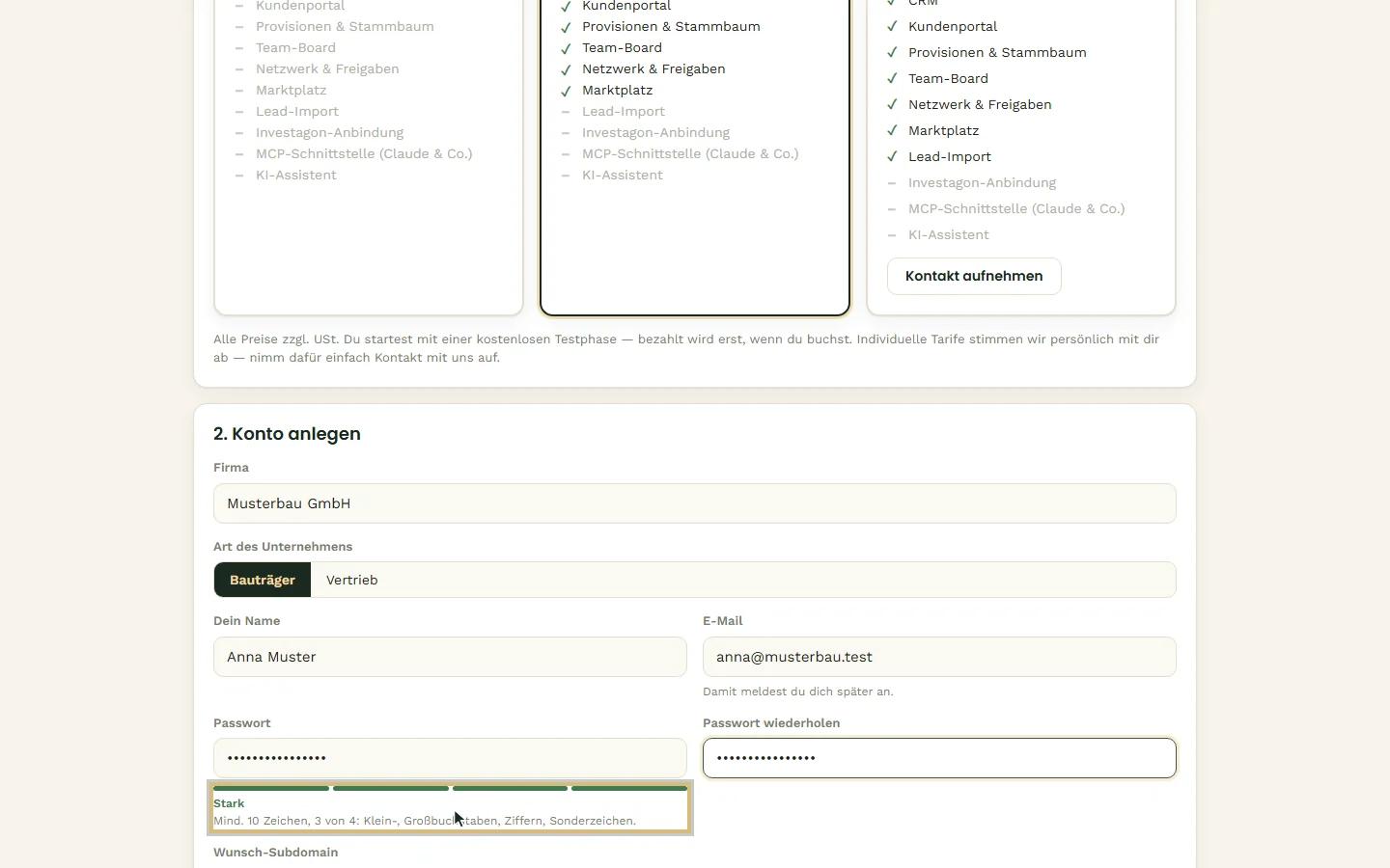 Firma, Art, Name, E-Mail und ein starkes Passwort