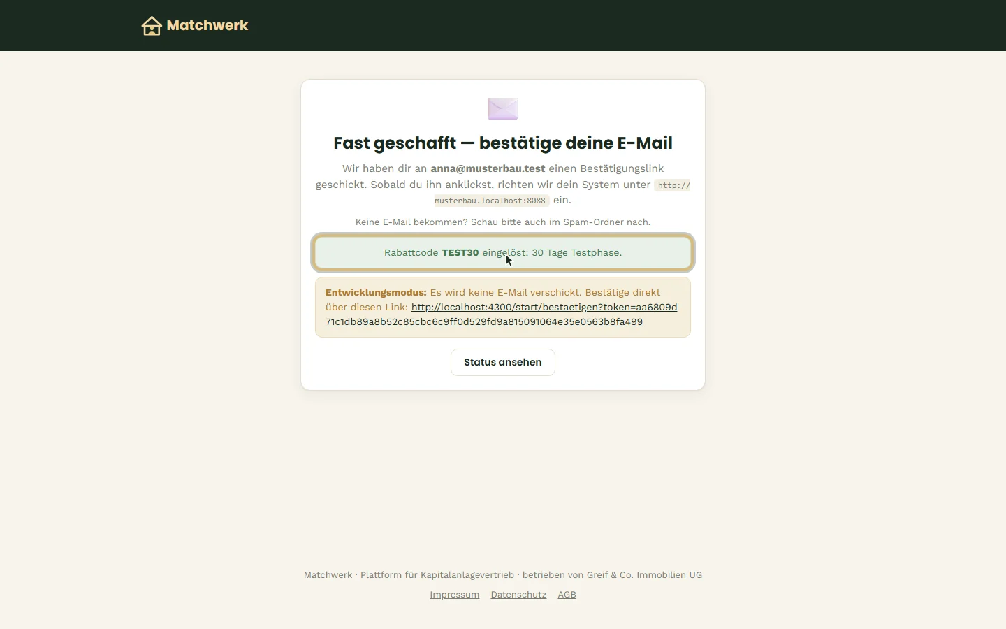 Fast geschafft — Bestätigungslink verschickt, Gutscheincode eingelöst