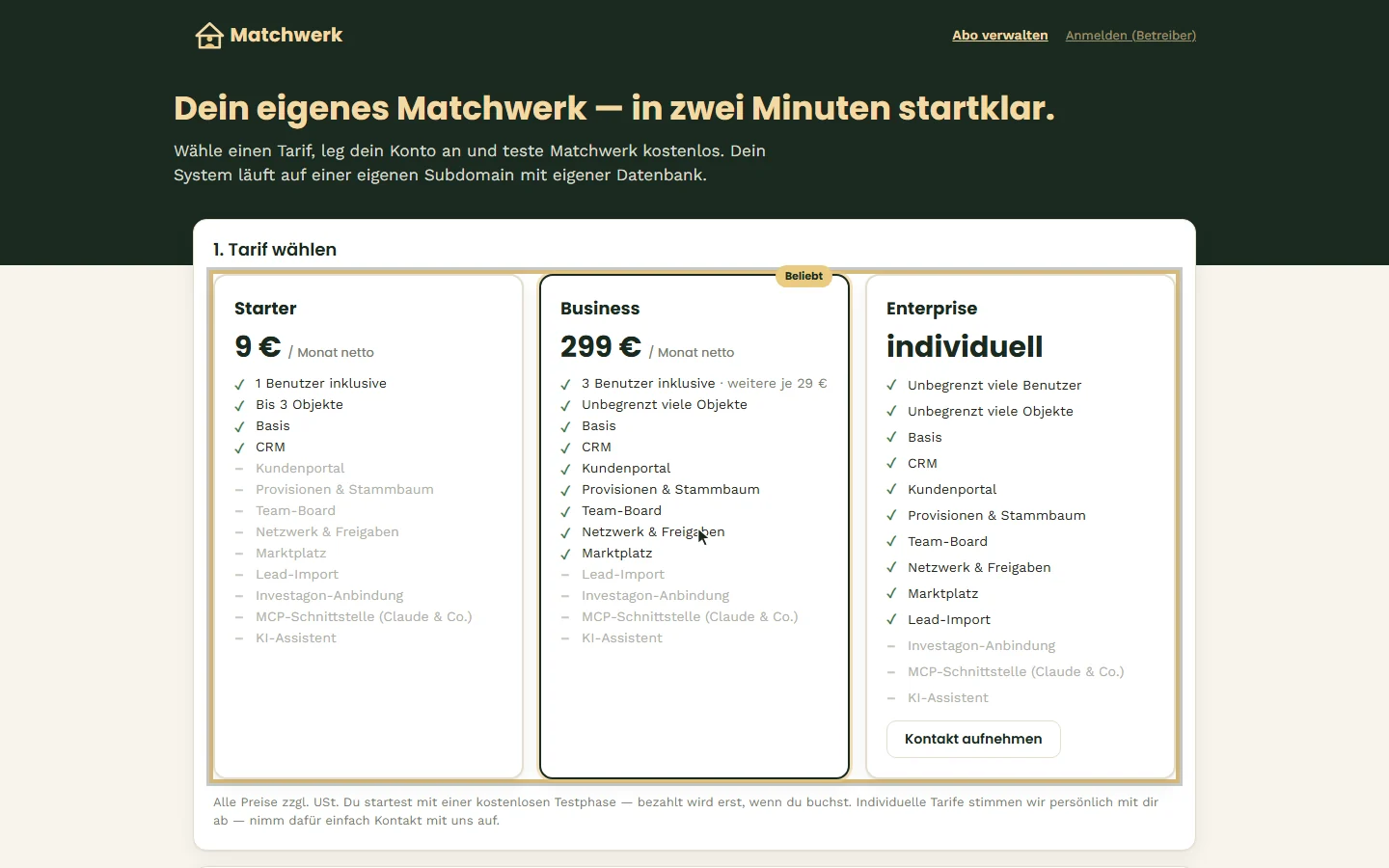 Startseite mit den drei Tarifen