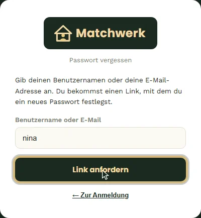 Passwort vergessen: Benutzername oder E-Mail angeben
