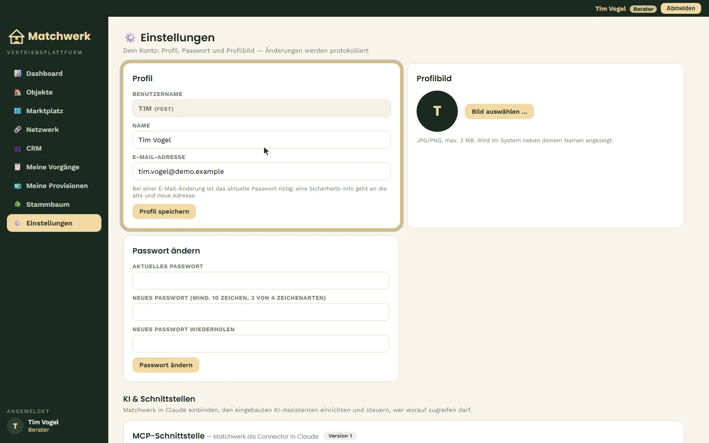 Einstellungen eines Beraters